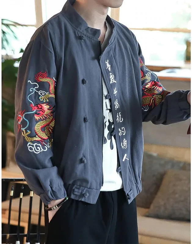 Chinese Calligraph And Dragon Embroidery Design Men Jacket