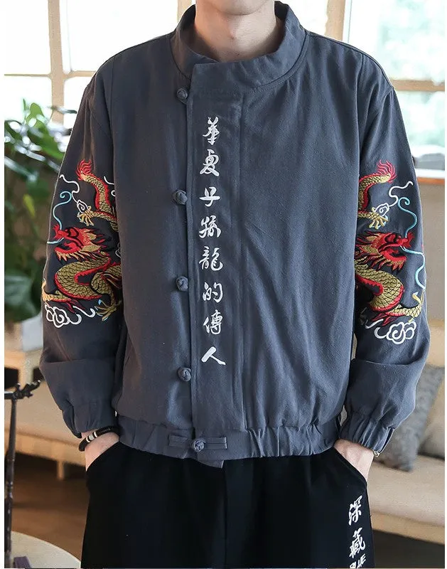 Chinese Calligraph And Dragon Embroidery Design Men Jacket