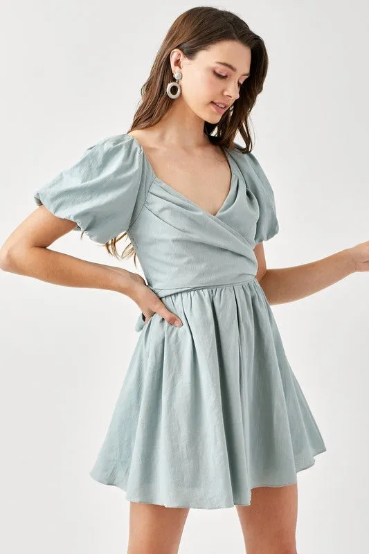 CHRISTINE CROSS WRAP FRONT PUFF SLEEVE DRESS