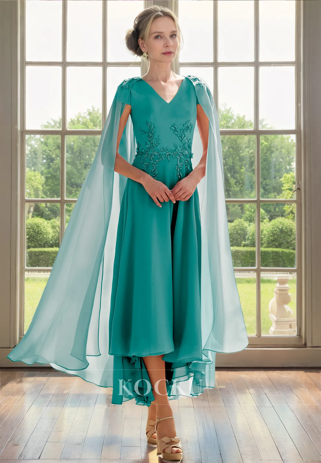 Classic & Timeless Cap Sleeves Embroidery A-Line Chiffon Cocktail Mother of the Bride Dress