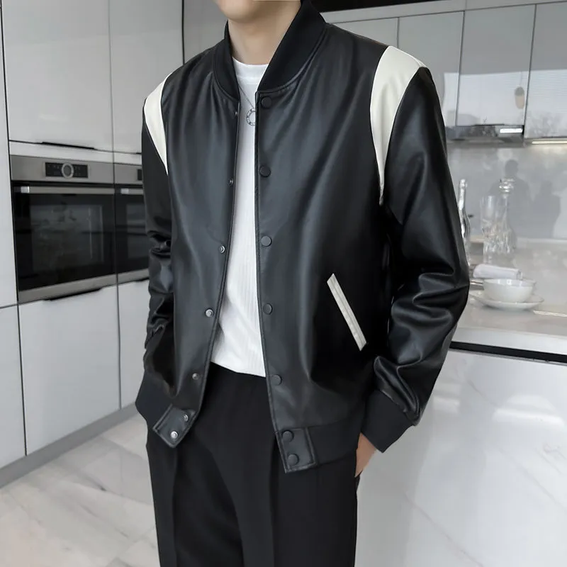 Classic Korean Fashion Style Black and White Bomber Vegan Leather Jacket For Men's