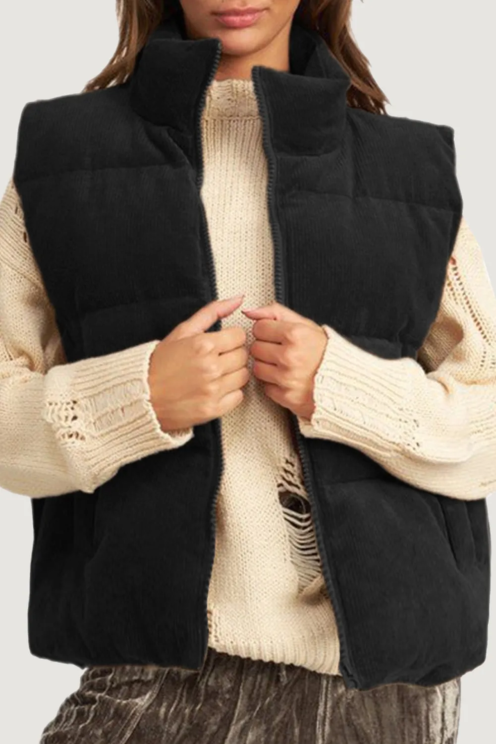 Coffee Corduroy Stand Neck Zipped Puffer Vest