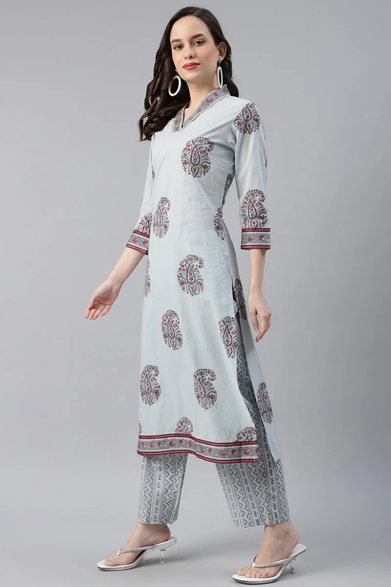 Cotton Grey Paisley Printed Straight Kurta Palazzo Dupatta Set