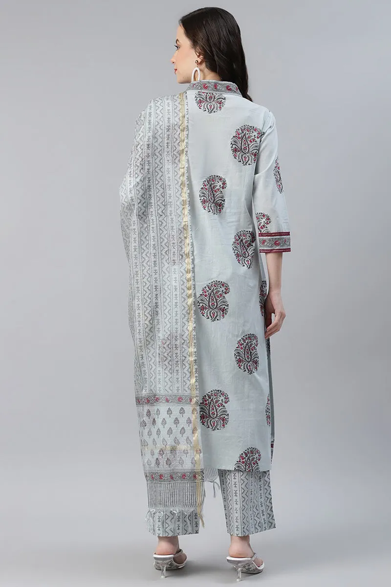 Cotton Grey Paisley Printed Straight Kurta Palazzo Dupatta Set