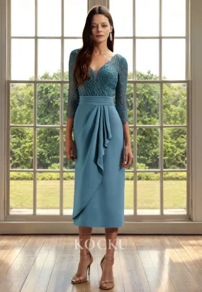 Couture & Ornate V-Neck Long sleeves Sheath Chiffon Cocktail Mother of the Bride Dress