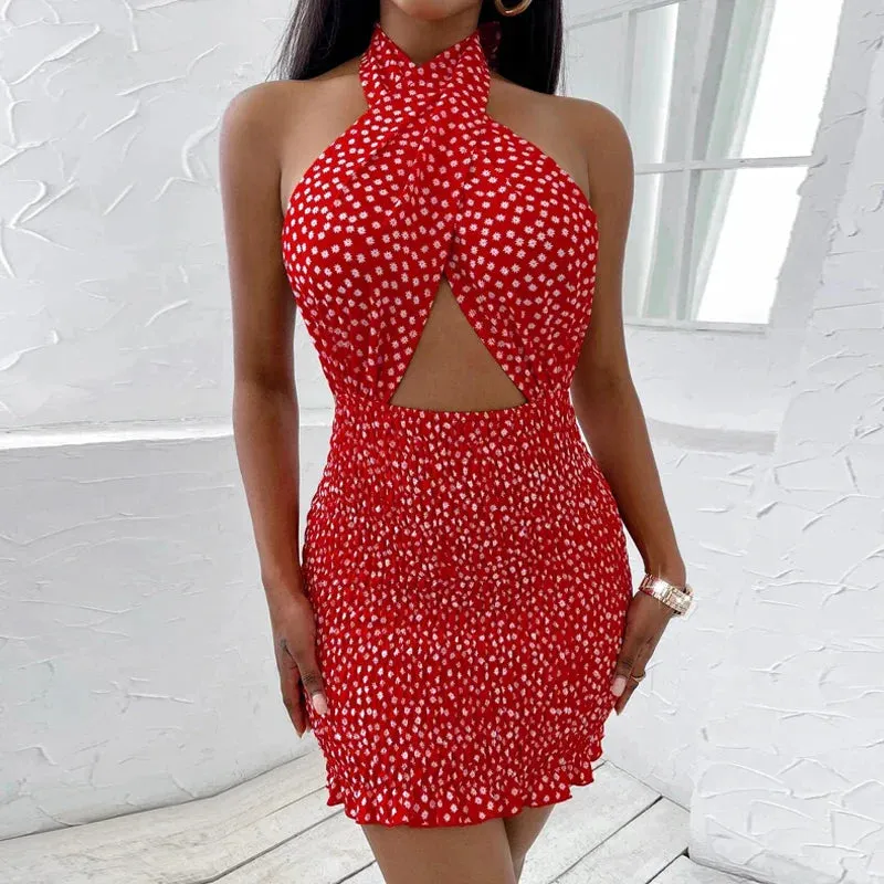 Cross Halter Mini Sheath Backless Tie Up Short Wrap Bodycon Sun Ladies Cutout Front Summer Sexy Dress