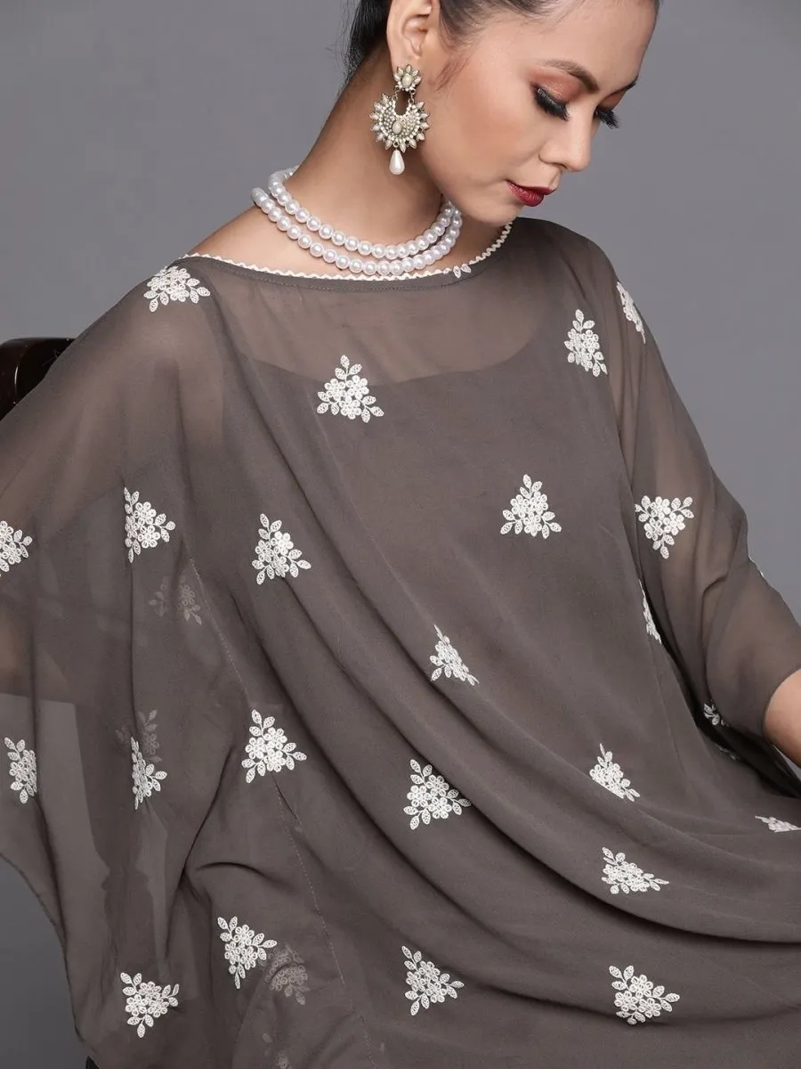 Dark Taupe Embroidered Kaftan Kurta with Pants