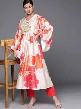 delectable beige satin printed kurta set