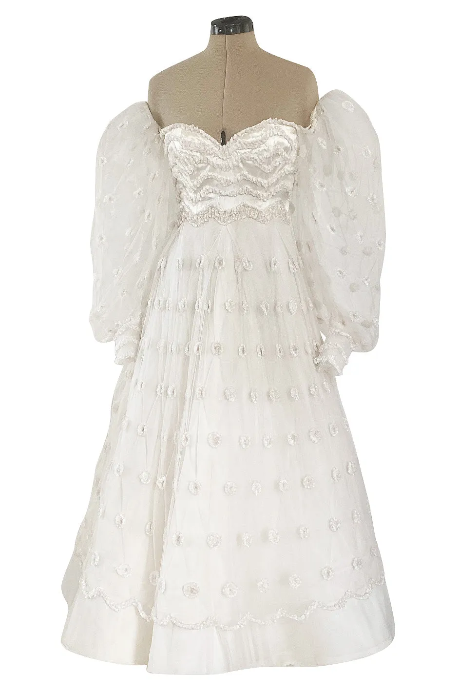 Documented 1979 Loris Azzaro Off Shoulder Balloon Sleeve White Net Dress w Chenille Detailing