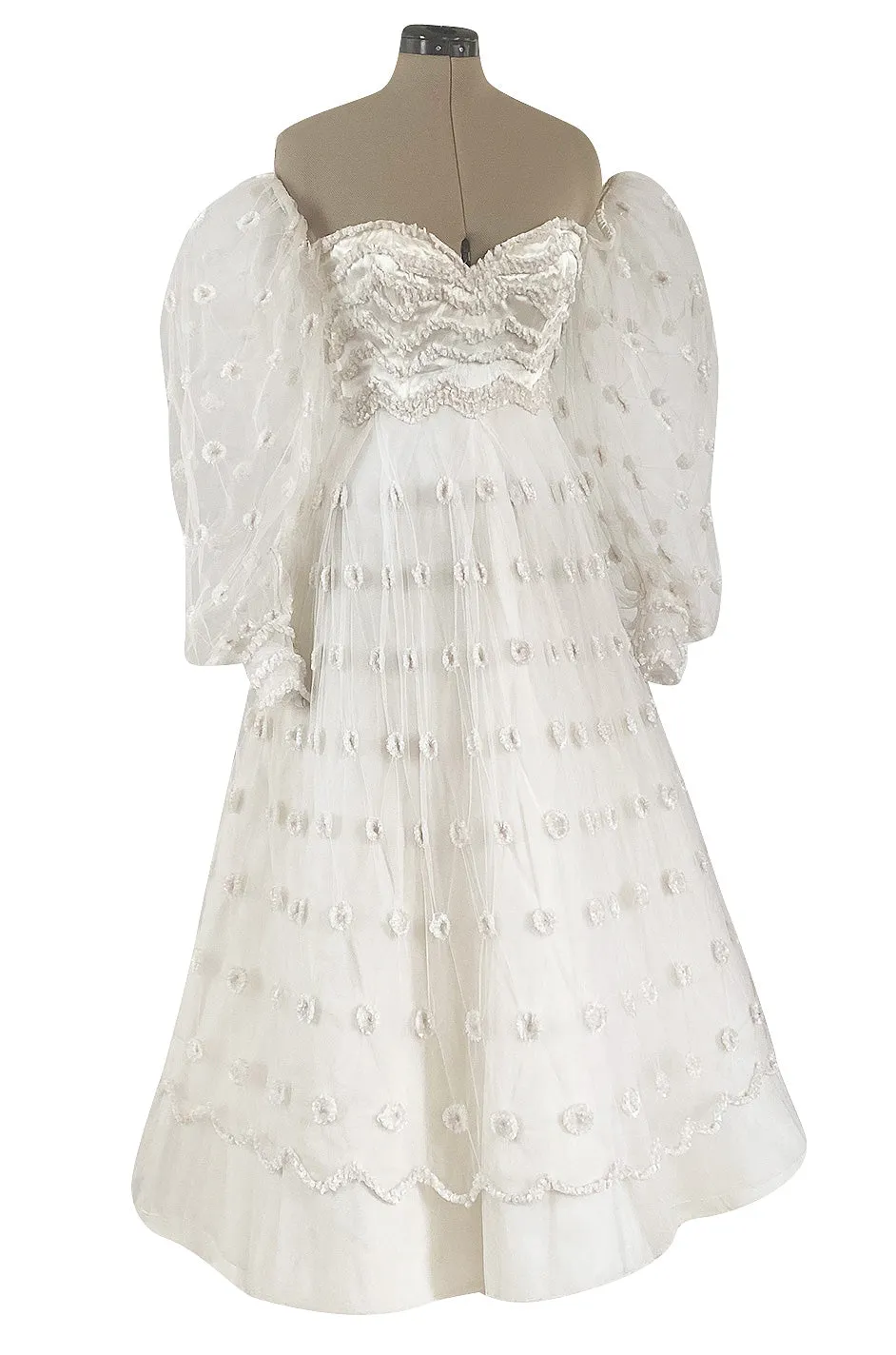 Documented 1979 Loris Azzaro Off Shoulder Balloon Sleeve White Net Dress w Chenille Detailing