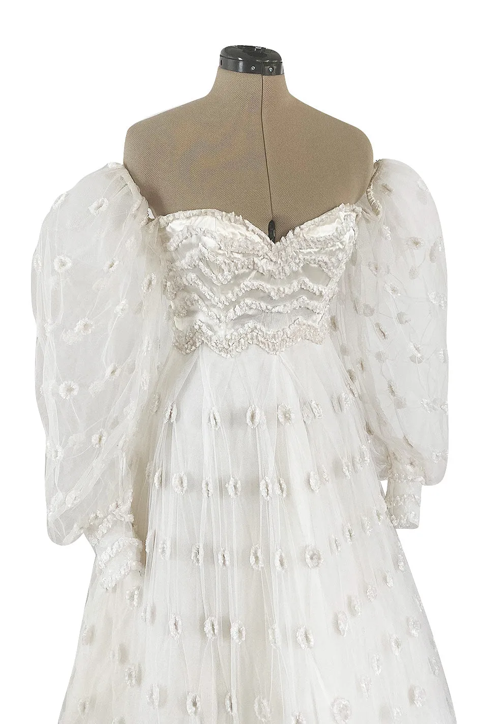 Documented 1979 Loris Azzaro Off Shoulder Balloon Sleeve White Net Dress w Chenille Detailing