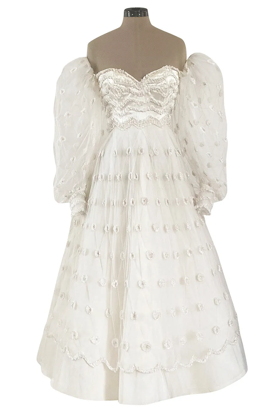 Documented 1979 Loris Azzaro Off Shoulder Balloon Sleeve White Net Dress w Chenille Detailing