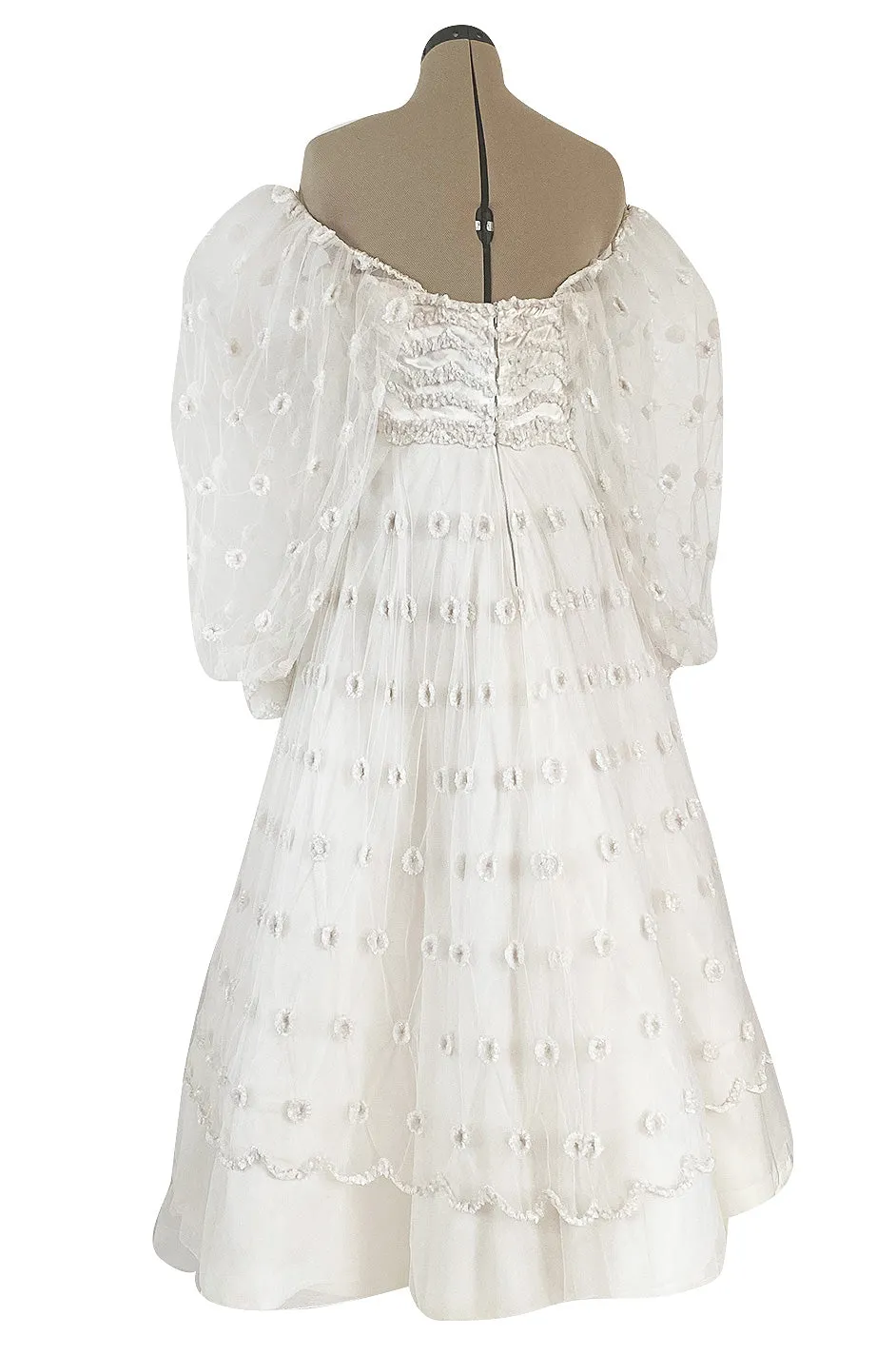 Documented 1979 Loris Azzaro Off Shoulder Balloon Sleeve White Net Dress w Chenille Detailing