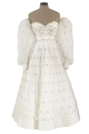 Documented 1979 Loris Azzaro Off Shoulder Balloon Sleeve White Net Dress w Chenille Detailing