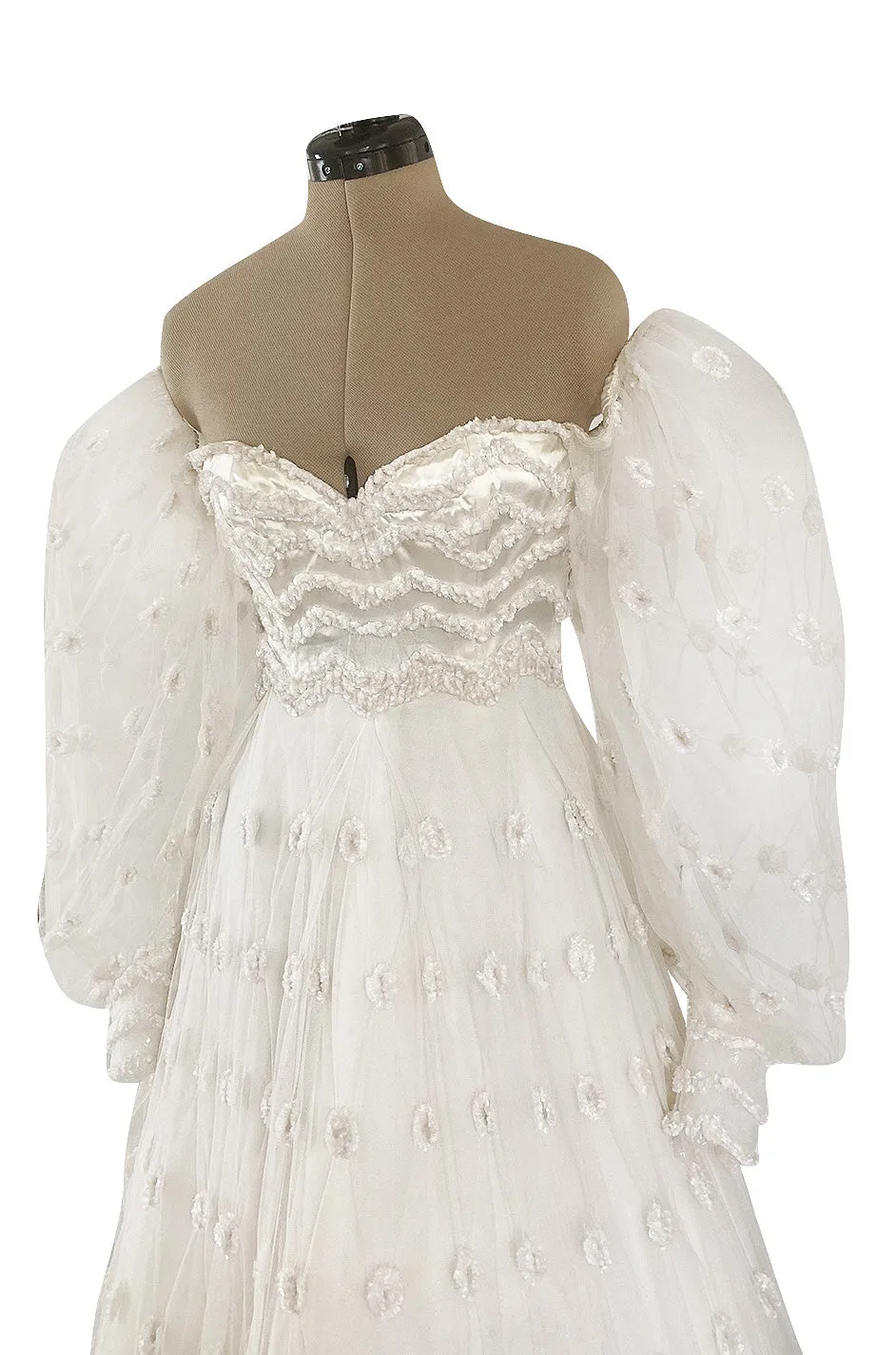 Documented 1979 Loris Azzaro Off Shoulder Balloon Sleeve White Net Dress w Chenille Detailing