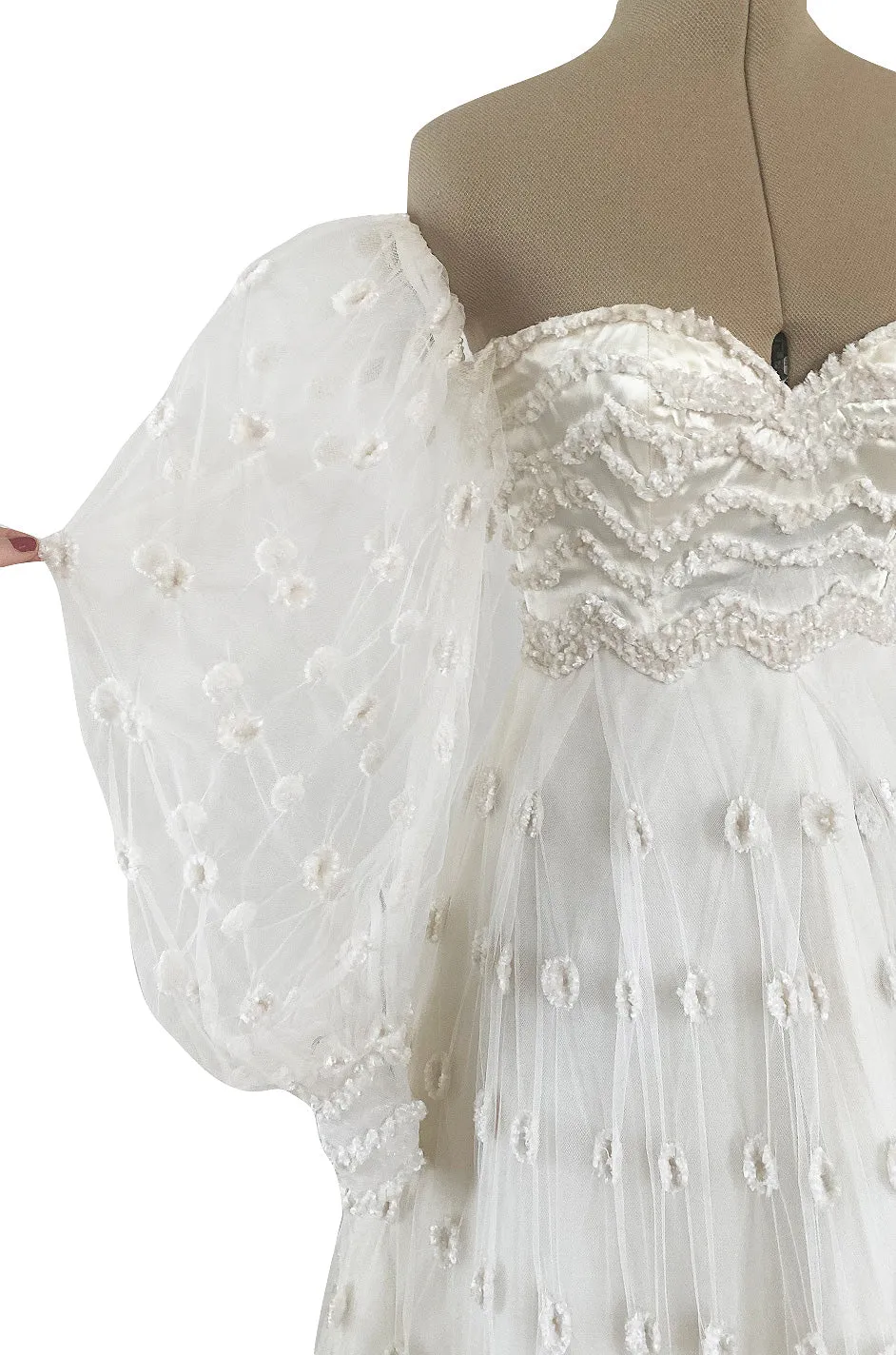 Documented 1979 Loris Azzaro Off Shoulder Balloon Sleeve White Net Dress w Chenille Detailing