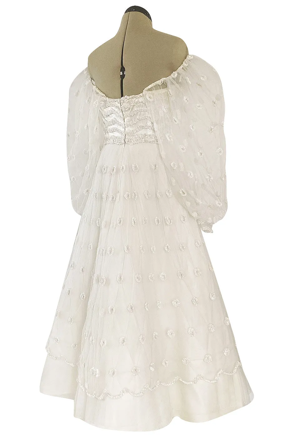 Documented 1979 Loris Azzaro Off Shoulder Balloon Sleeve White Net Dress w Chenille Detailing