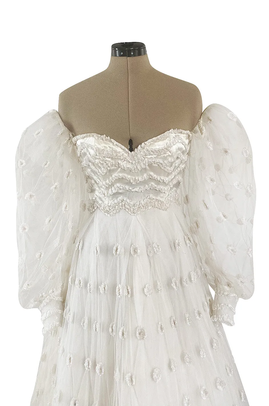 Documented 1979 Loris Azzaro Off Shoulder Balloon Sleeve White Net Dress w Chenille Detailing