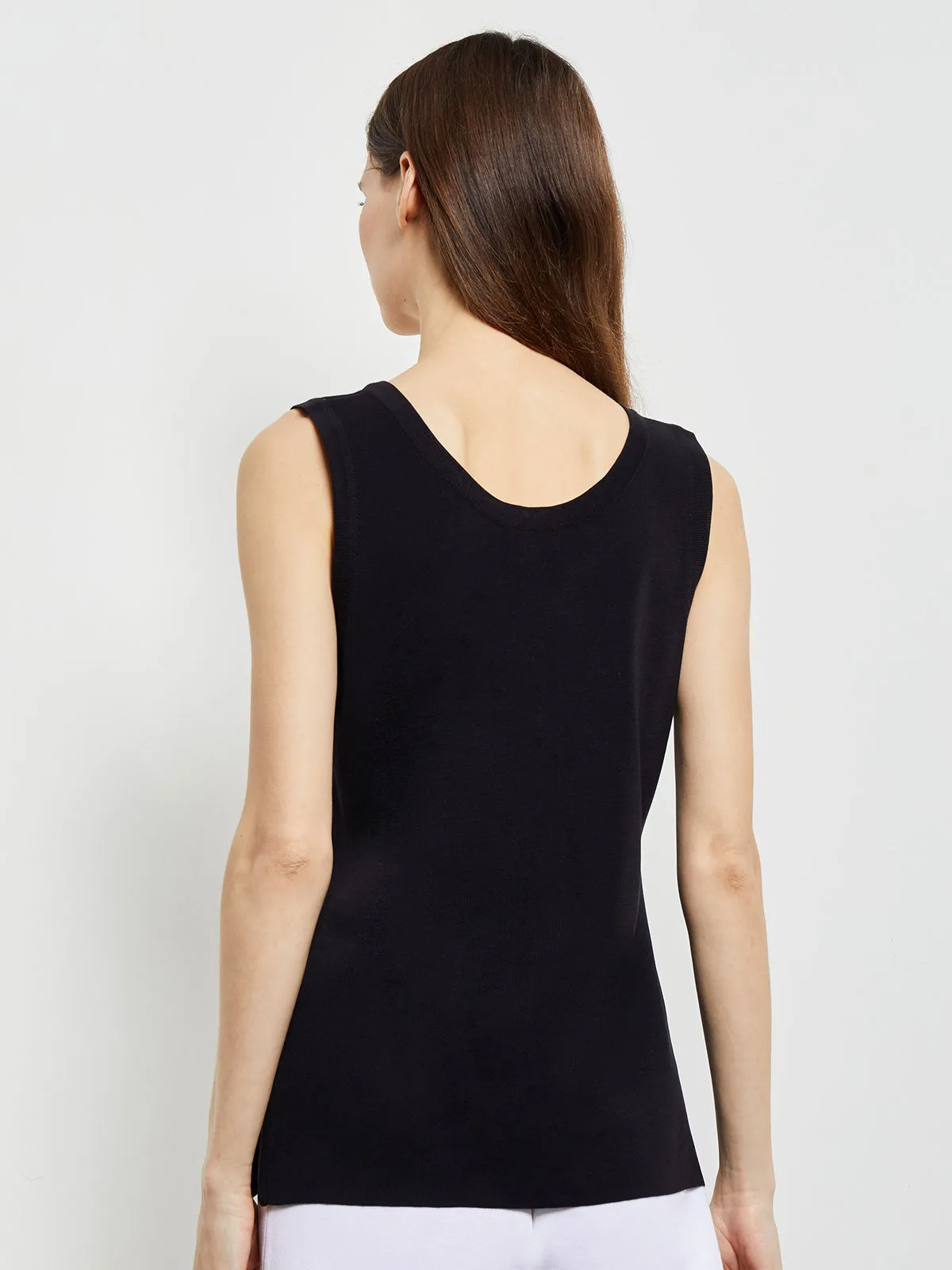 Double Scoop Neck Knit Tank Top, Black