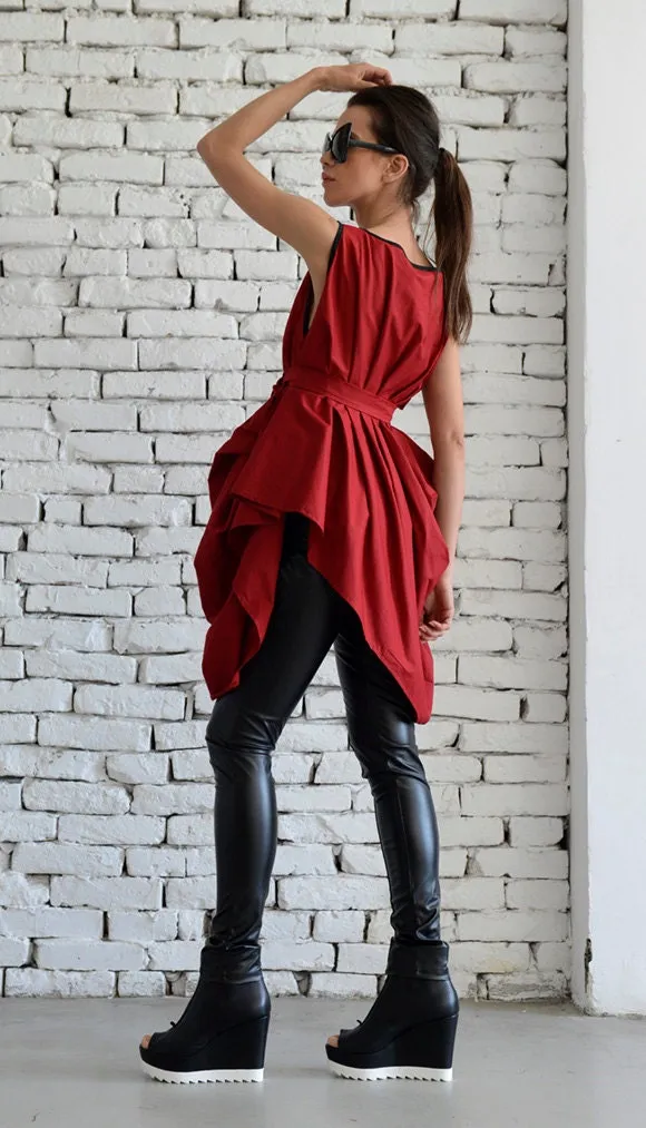 Draped Tunic With Removable Belt In Red