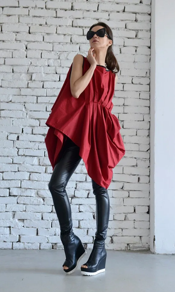 Draped Tunic With Removable Belt In Red