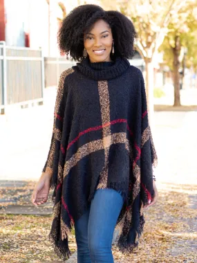 Easy On Me Plaid Turtle Neck Poncho - Black