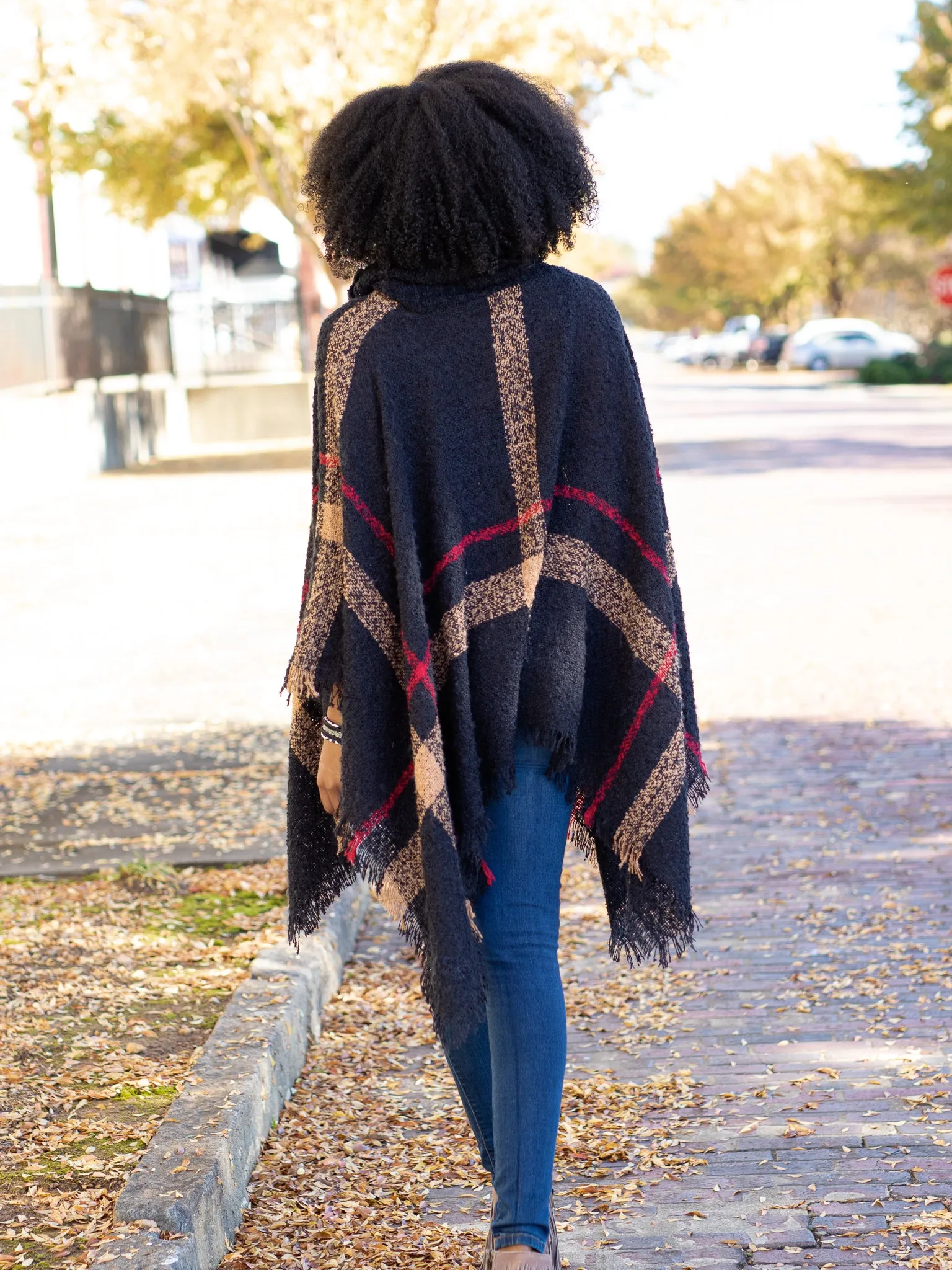 Easy On Me Plaid Turtle Neck Poncho - Black