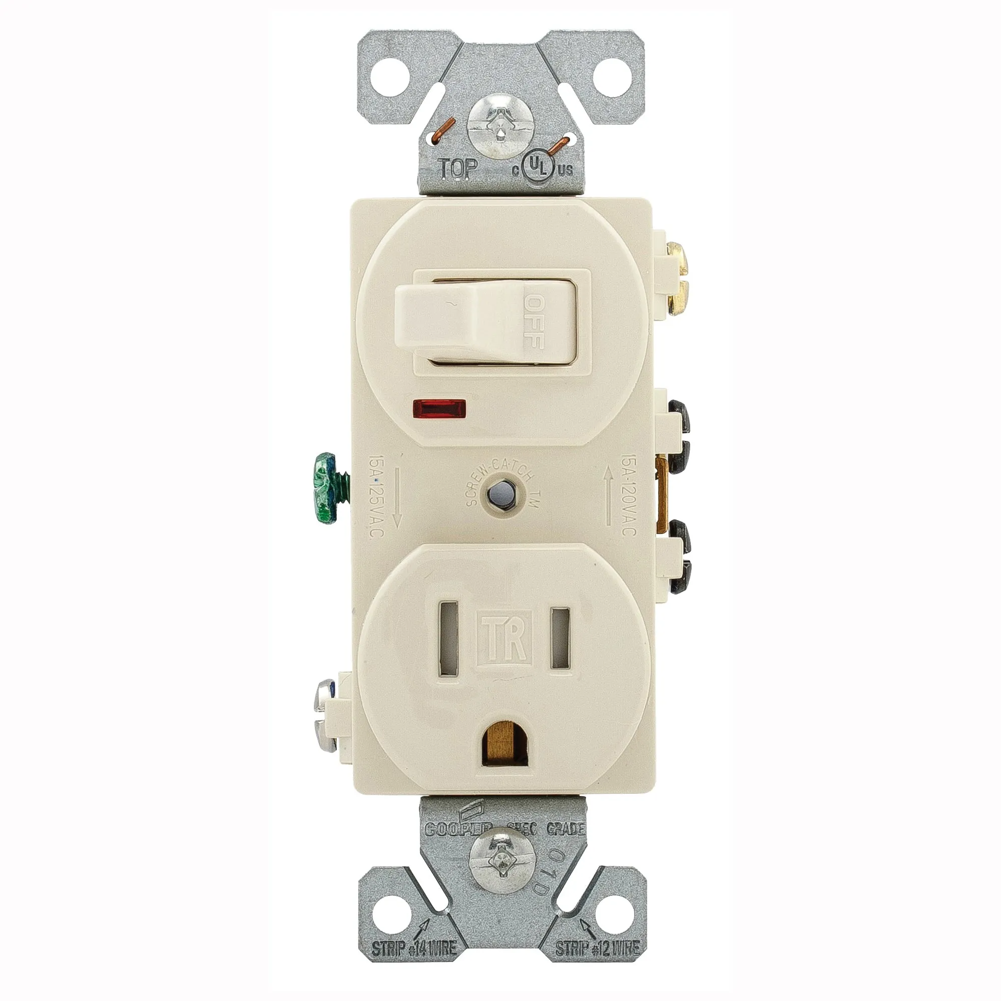 Eaton Cooper Wiring TR274LA Combination Switch/Receptacle, 2 -Pole, 15 A, 120 V Switch, 125 V Receptacle