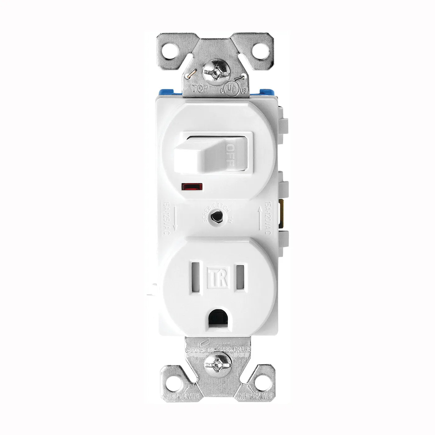 Eaton Cooper Wiring TR274W Combination Switch/Receptacle, 2 -Pole, 15 A, 120 V Switch, 125 V Receptacle, White