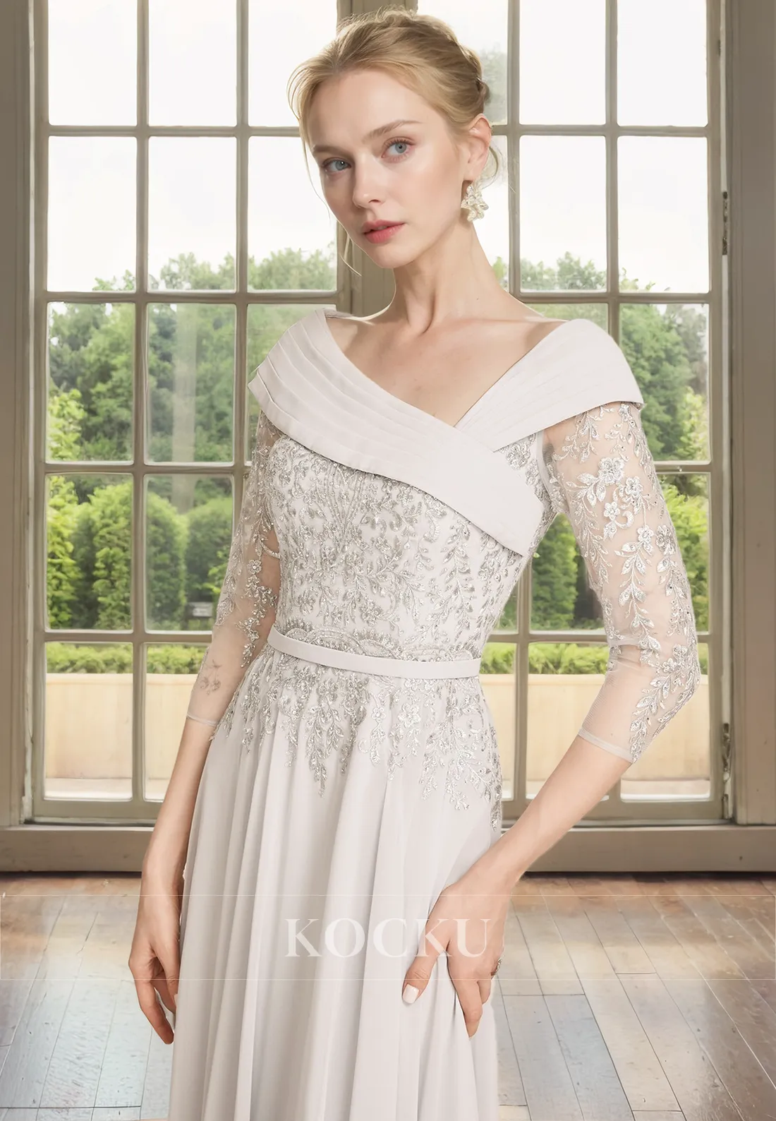 Elegant & Luxurious Long sleeves A-Line Appliques Chiffon Cocktail Mother of the Bride Dress