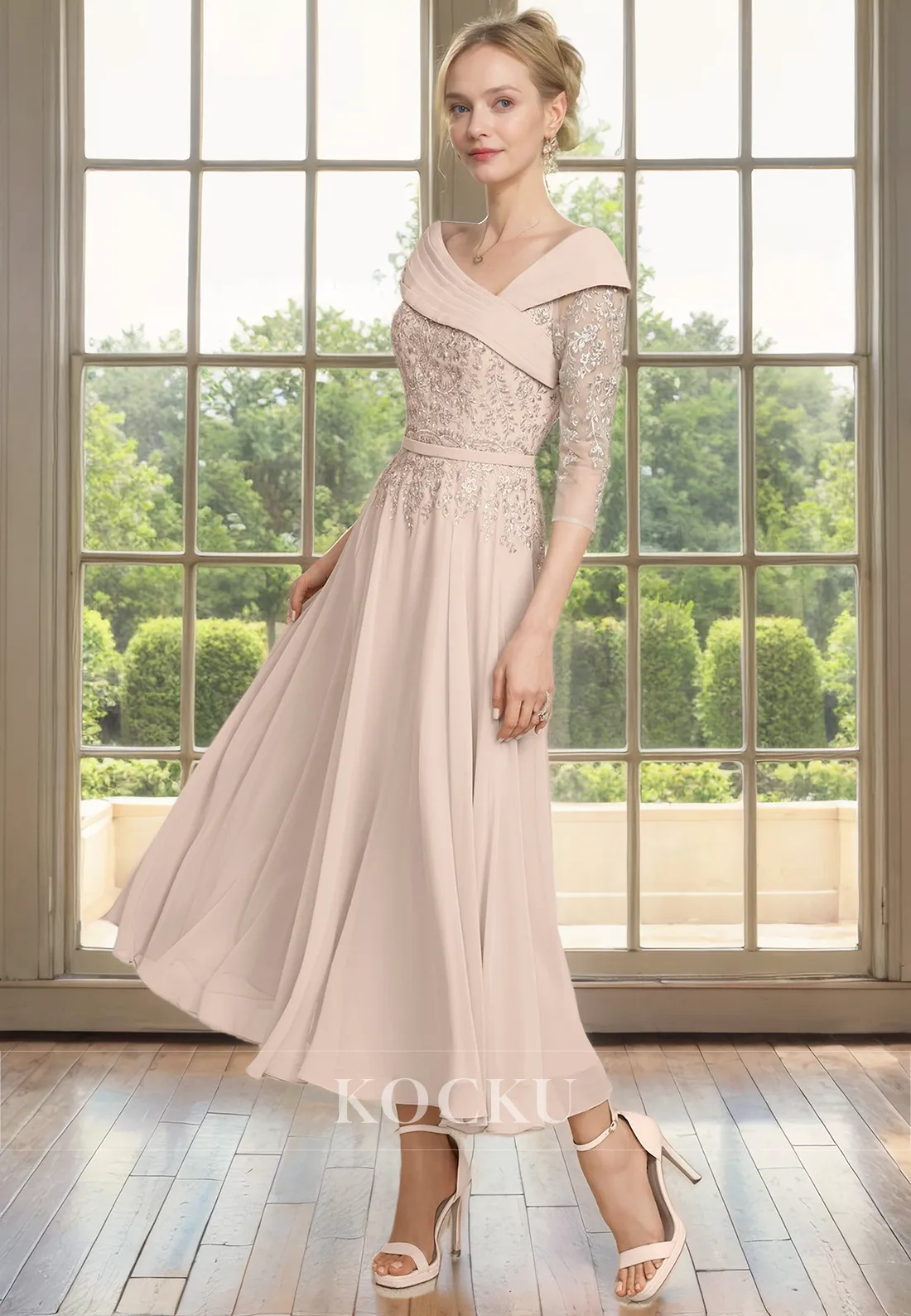 Elegant & Luxurious Long sleeves A-Line Appliques Chiffon Cocktail Mother of the Bride Dress