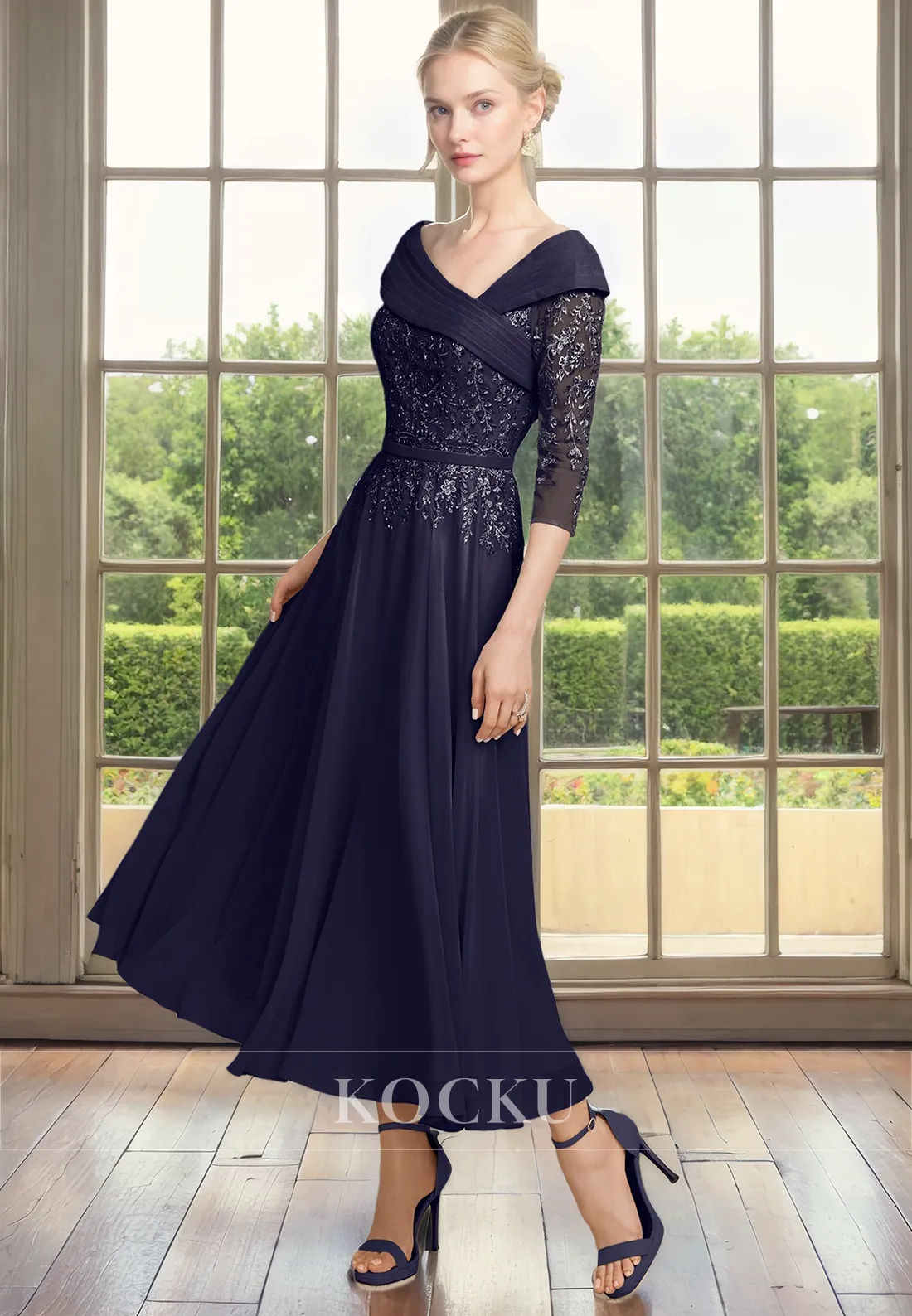 Elegant & Luxurious Long sleeves A-Line Appliques Chiffon Cocktail Mother of the Bride Dress