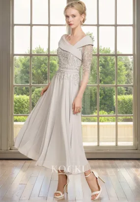 Elegant & Luxurious Long sleeves A-Line Appliques Chiffon Cocktail Mother of the Bride Dress