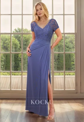 Elegant & Luxurious Short sleeves Appliques V-Neck Split Chiffon Cocktail Mother of the Bride Dress