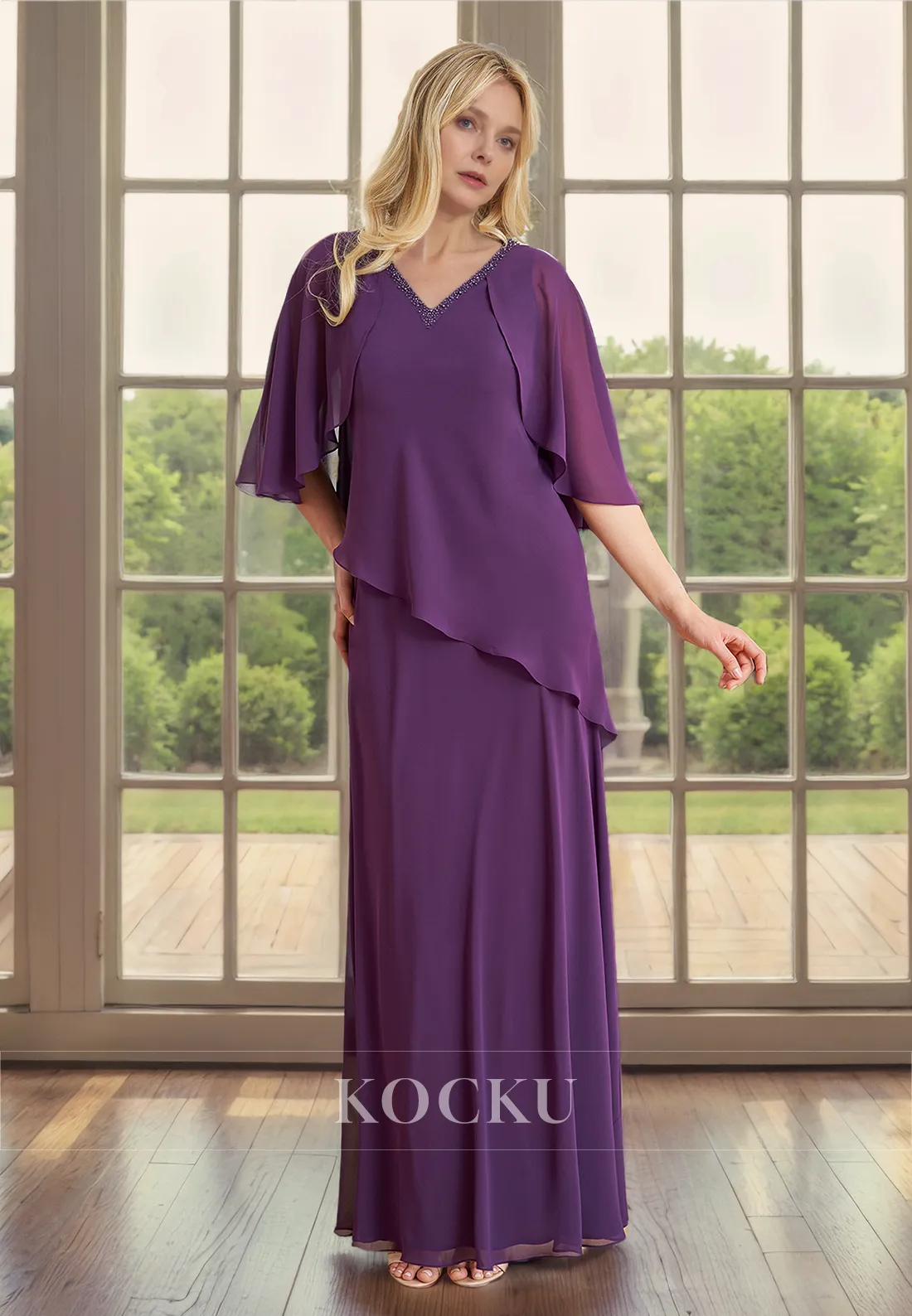 Elegant & Simple V-Neck Short sleeves Chiffon Cocktail Mother of the Bride Dress