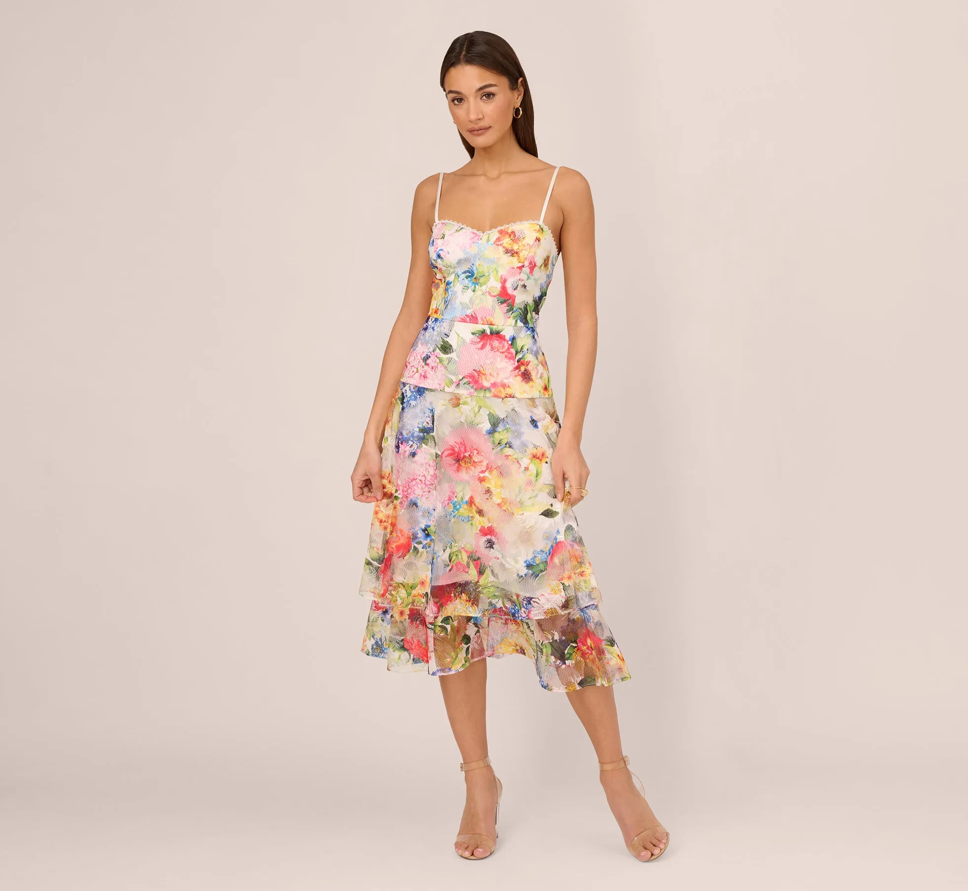 Embroidered Floral Print Midi Dress With Tiered Skirt In Ivory Multi