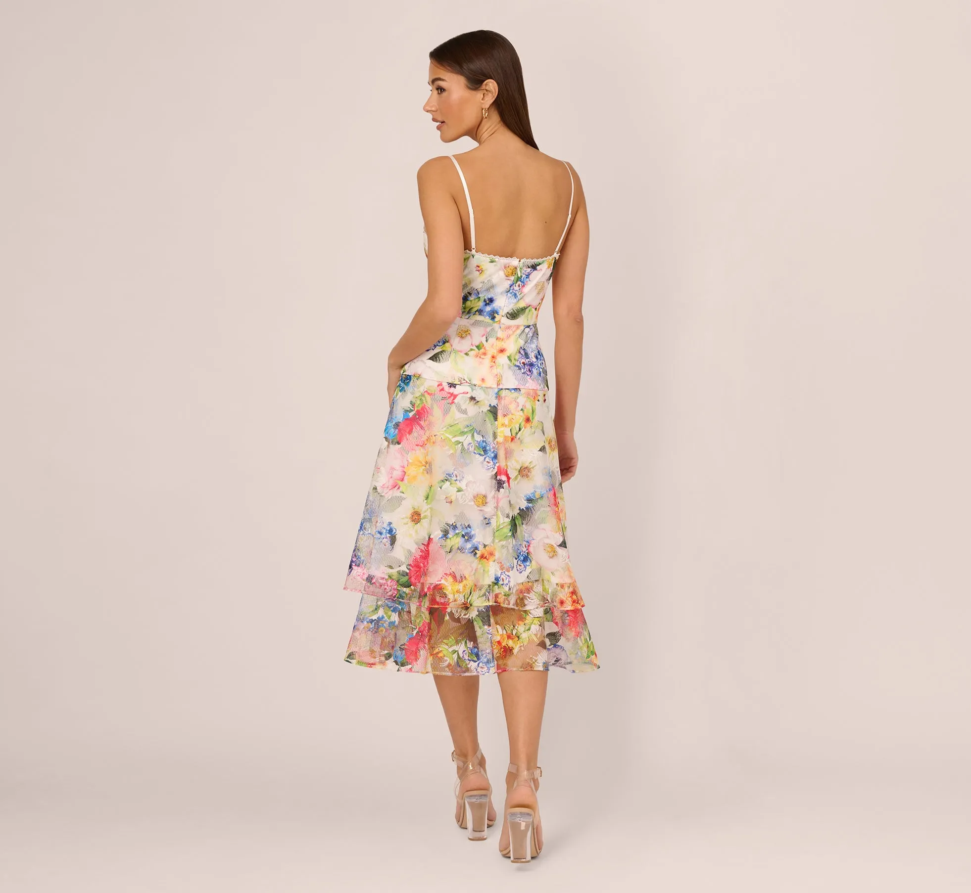 Embroidered Floral Print Midi Dress With Tiered Skirt In Ivory Multi