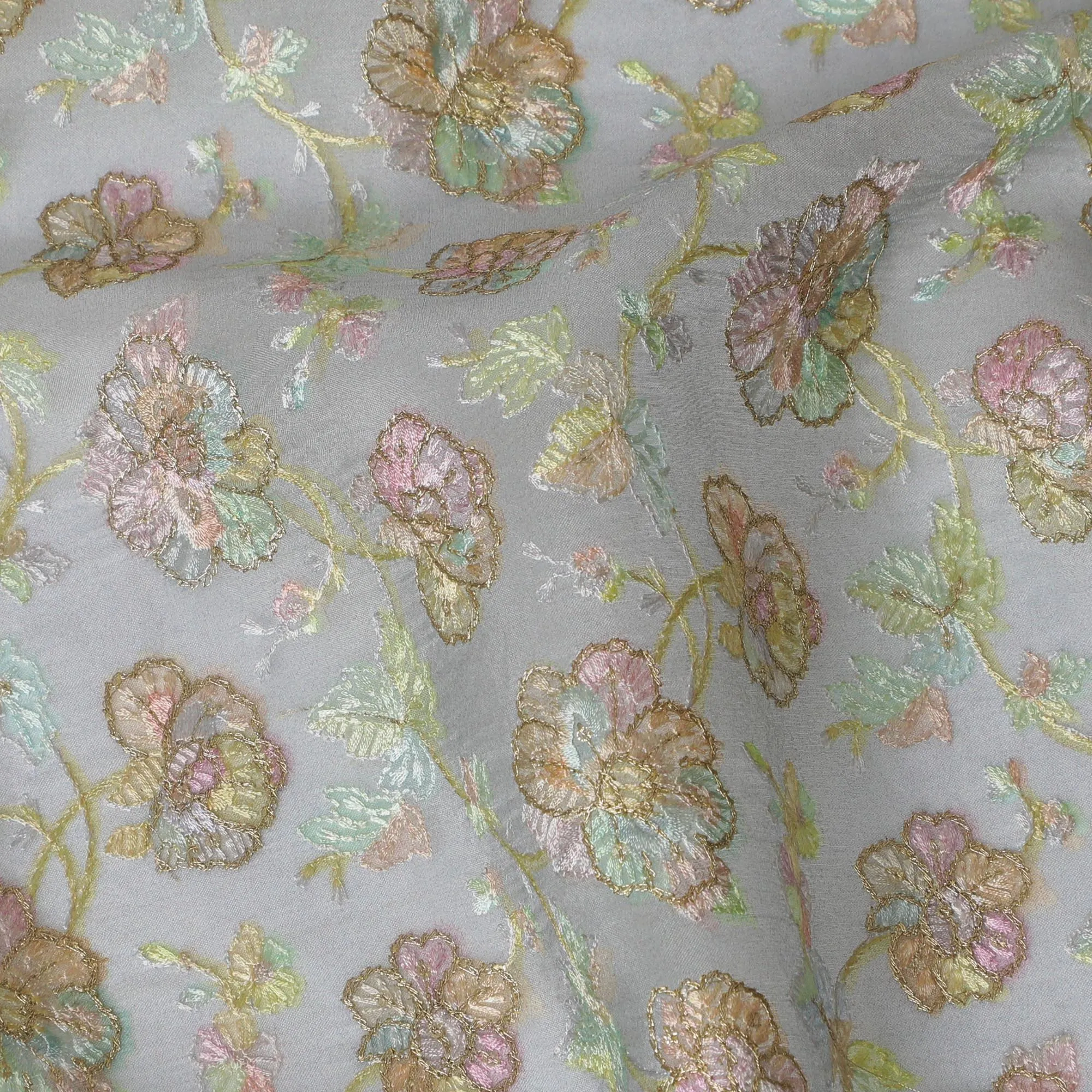 Enchanted Garden Silk Organza Fabric with Pastel Floral Embroidery, 110 cm Wide - Ethereal Indian Craft-D18979