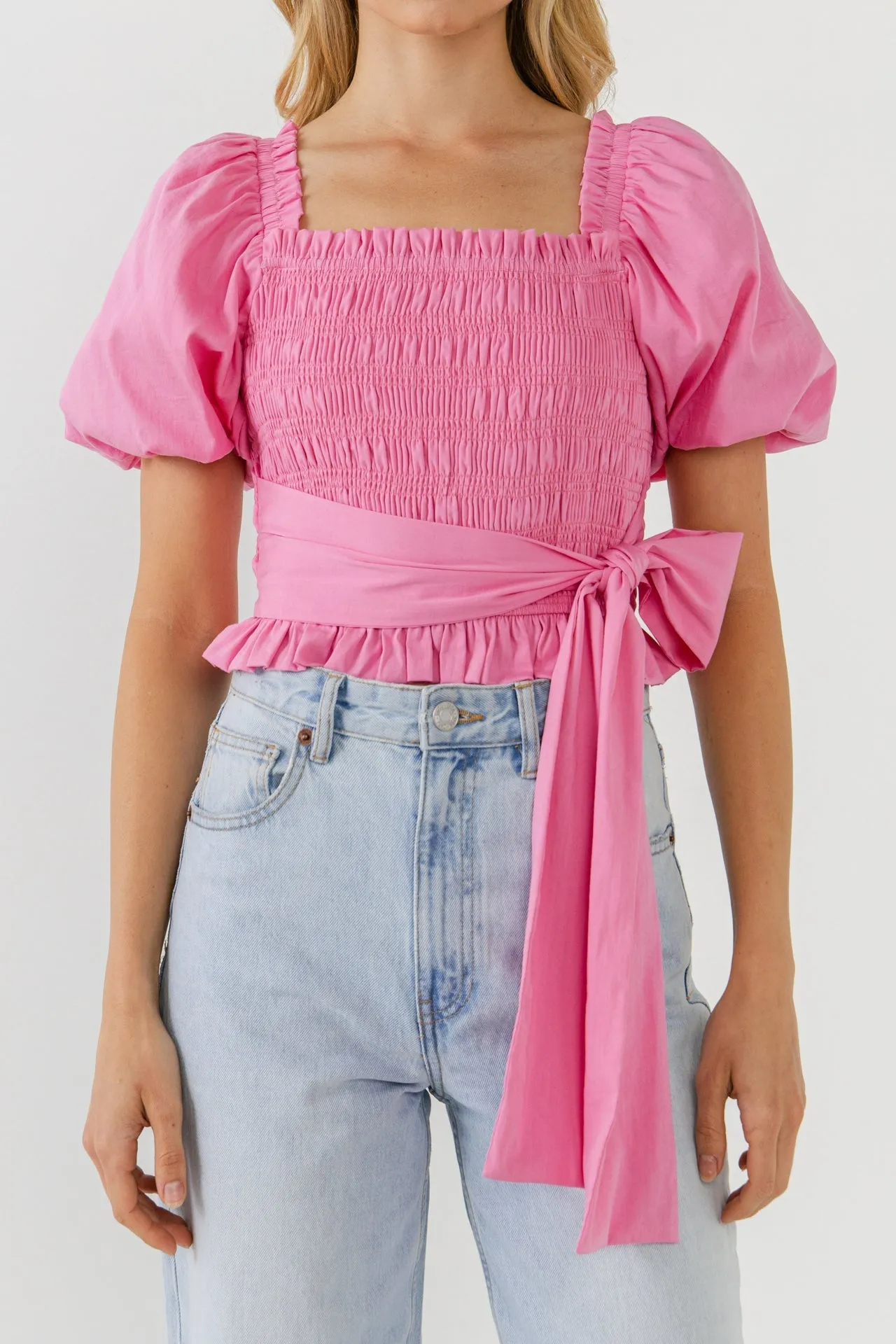 English Factory - Women Woven Bow Tie Waist Blouse