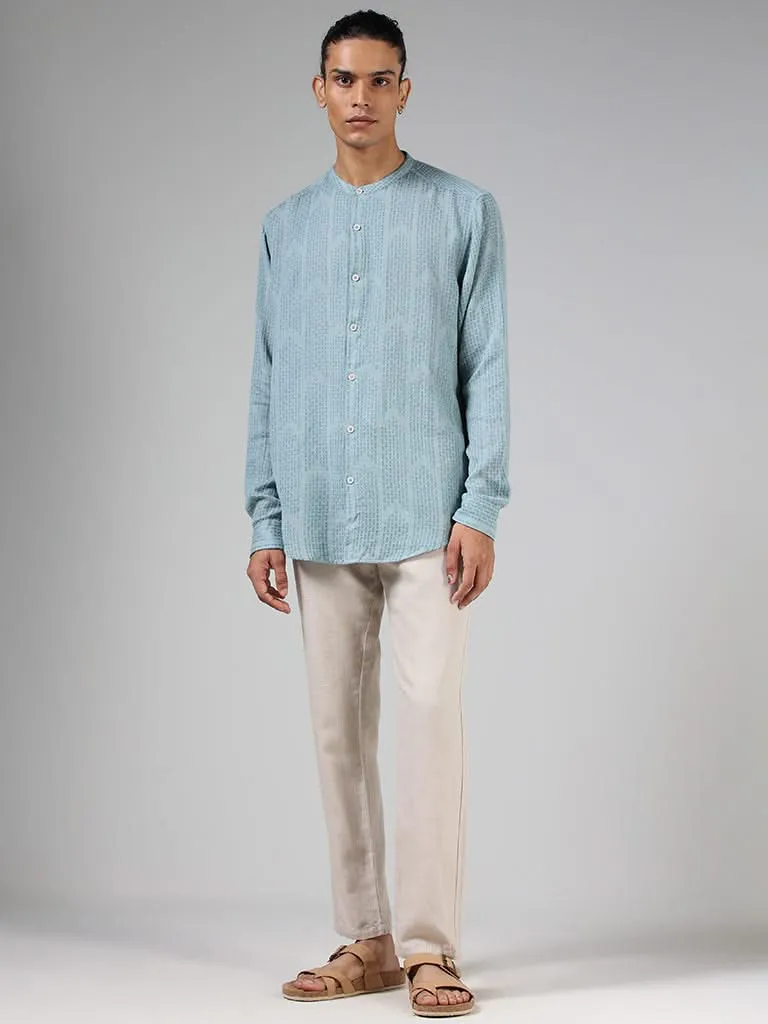 ETA Teal Blue Textured Cotton Blend Resort-Fit Shirt