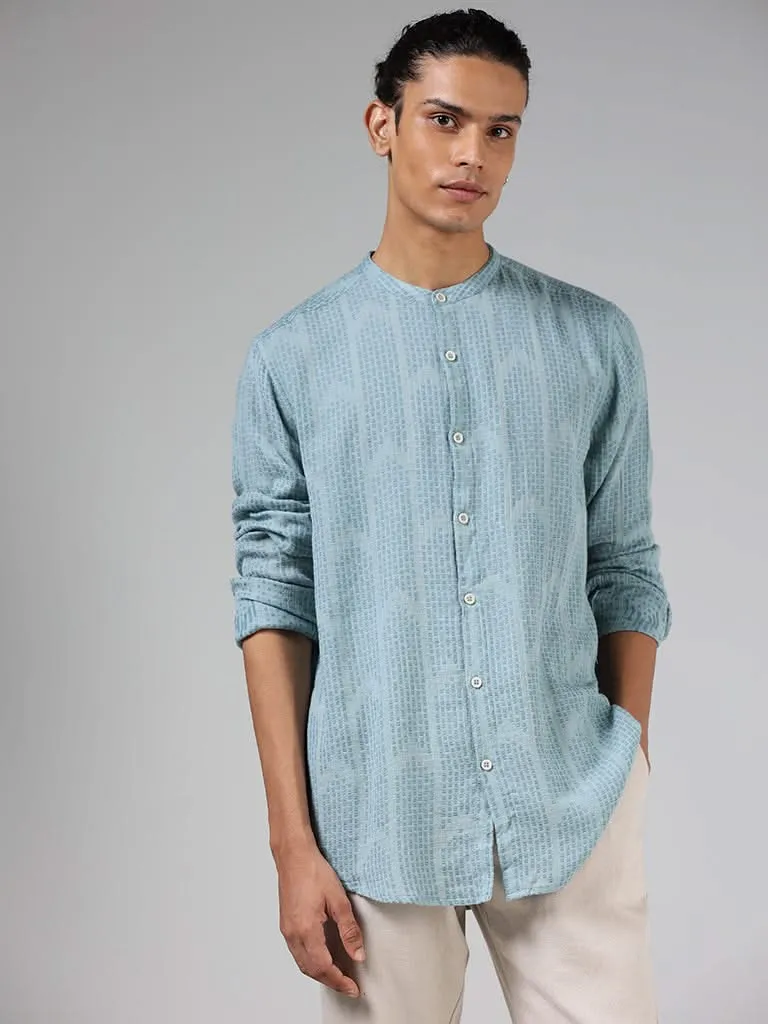 ETA Teal Blue Textured Cotton Blend Resort-Fit Shirt