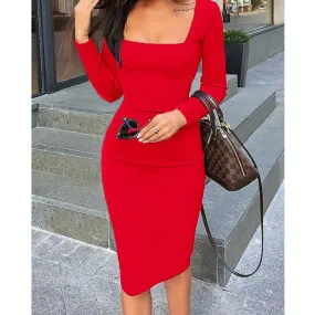 Fashionkova  Elegant Womens Cold Shoulder Sexy Chic Red Cocktail Party Slim Fit Dresses Square Collar Long Sleeve Design Bodycon Midi Dress