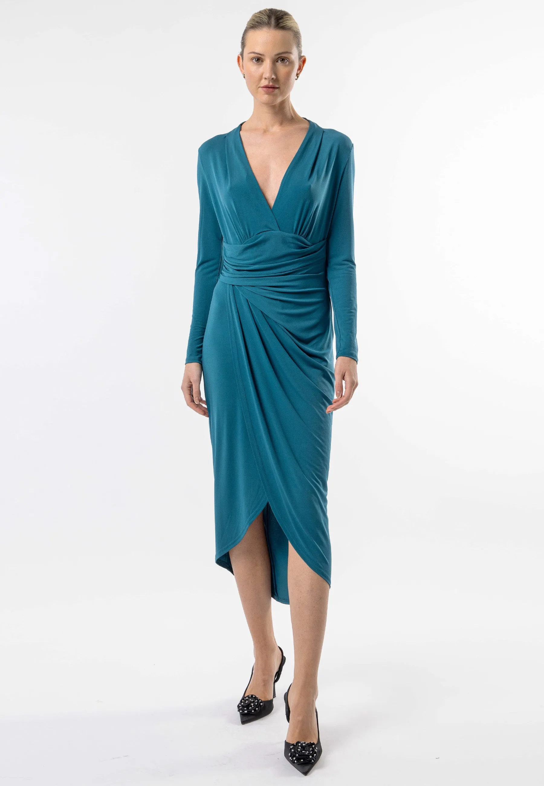 Faux Wrap Long Sleeves Midi Cocktail Dress in Teal