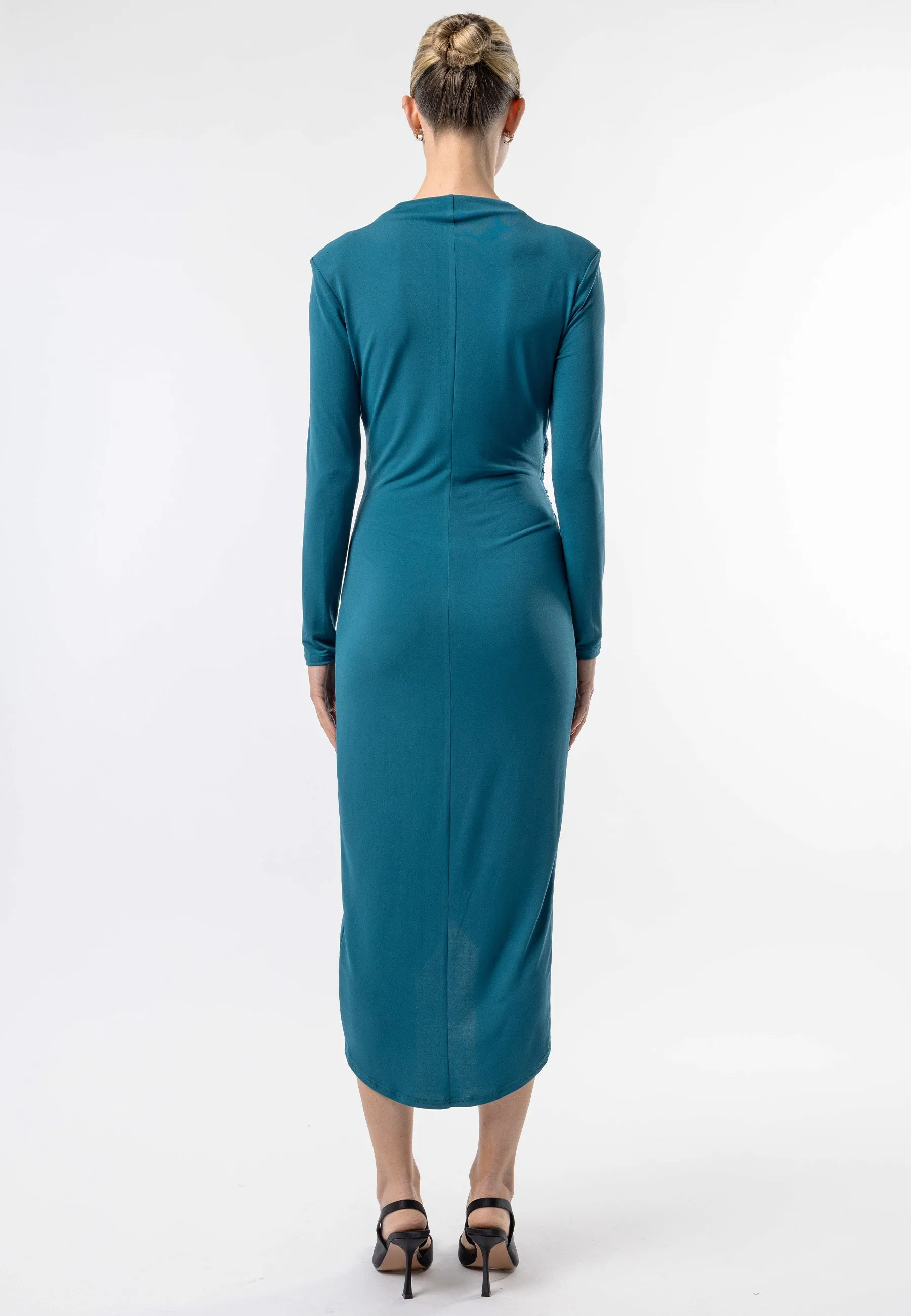 Faux Wrap Long Sleeves Midi Cocktail Dress in Teal