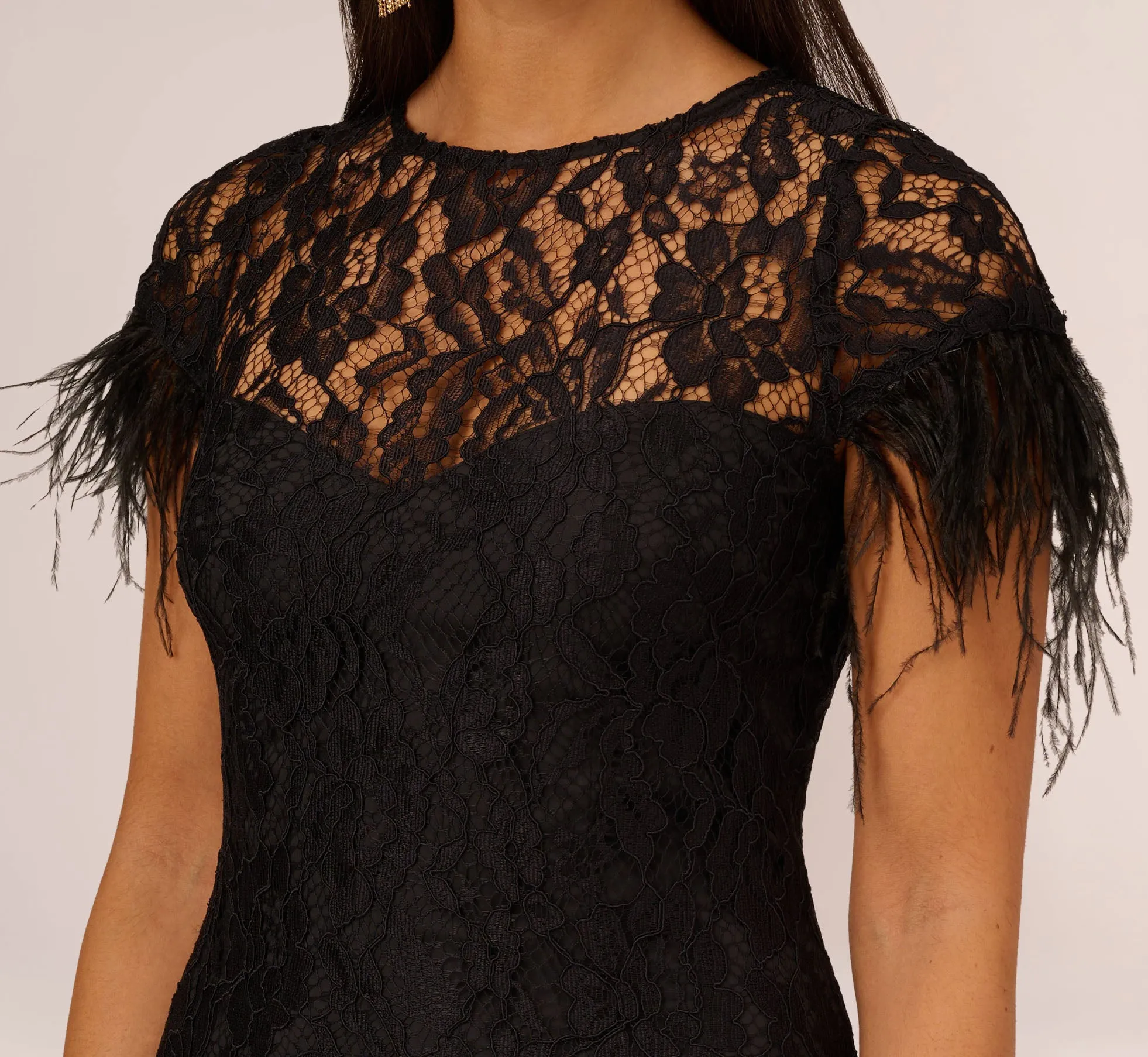 Floral Lace And Feather Trimmed Short Sheath Cocktail Dress In Black