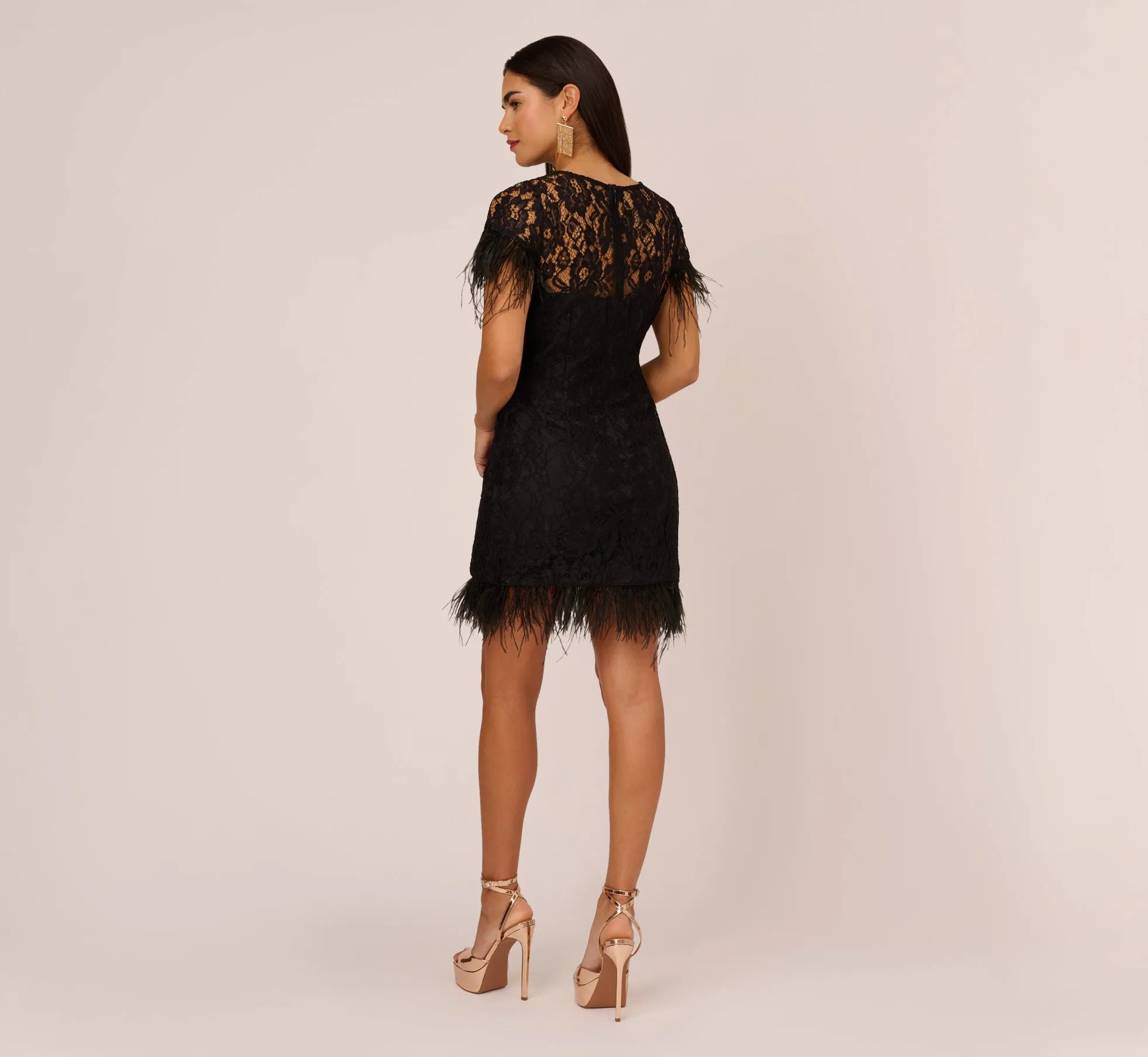 Floral Lace And Feather Trimmed Short Sheath Cocktail Dress In Black