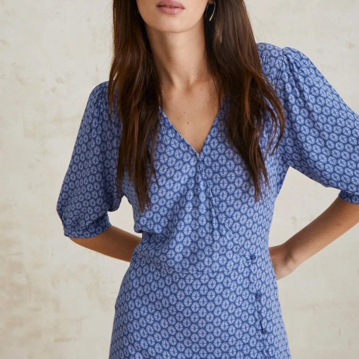 Flowy Dress Puffed Sleeves Blue Dress