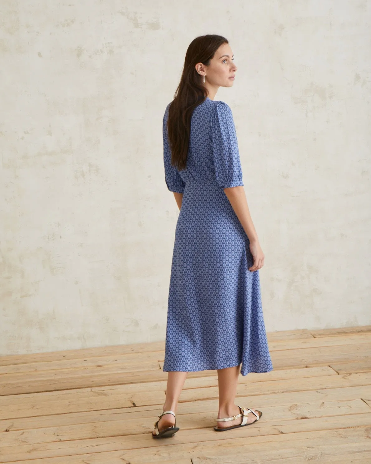 Flowy Dress Puffed Sleeves Blue Dress