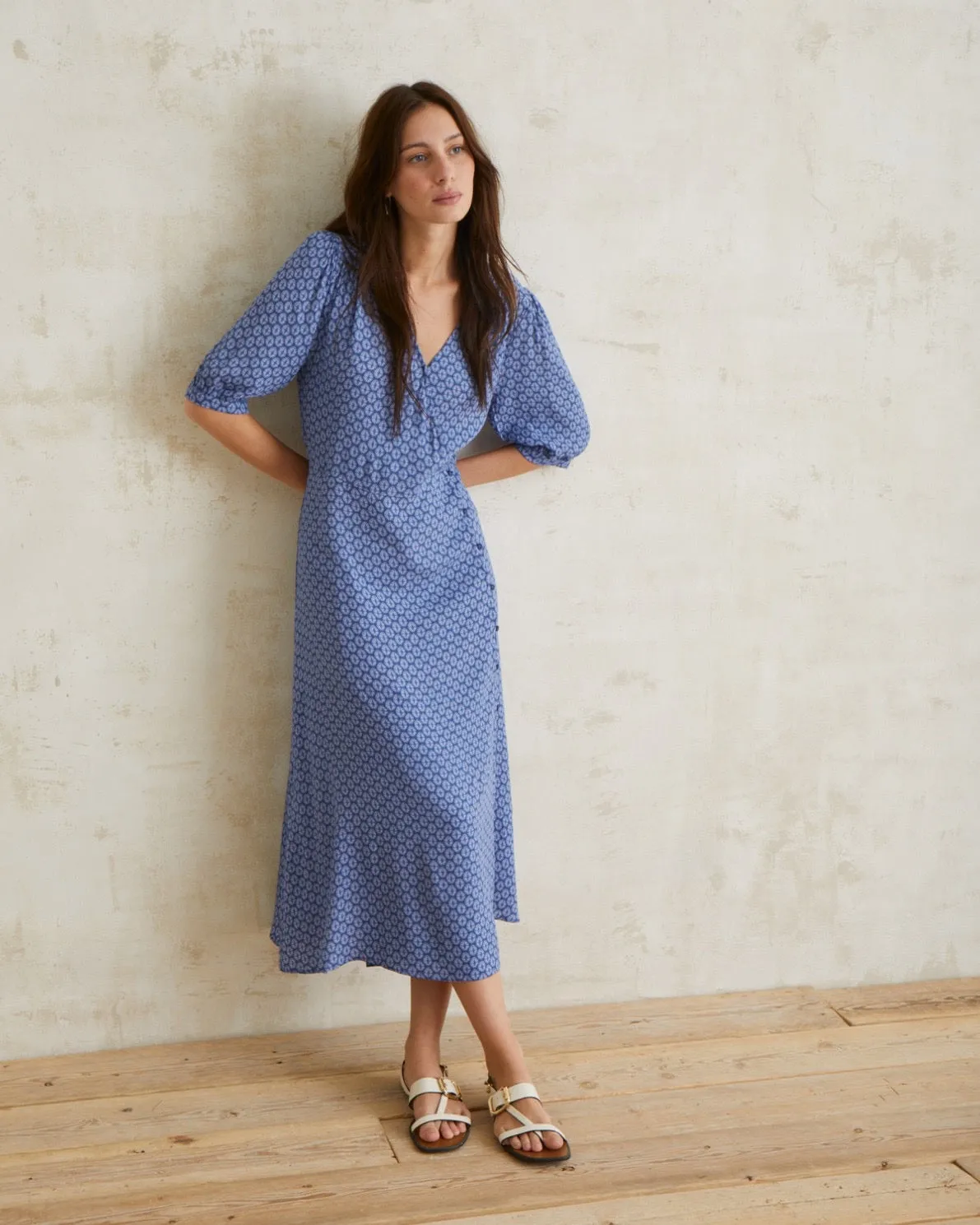 Flowy Dress Puffed Sleeves Blue Dress