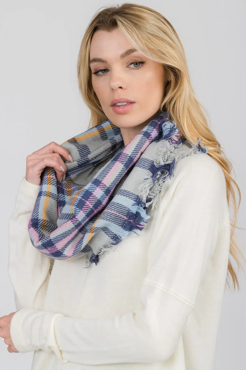 FRINGED PLAID INFINITY SCARF 3 ASSORTED COLORS/12PCS